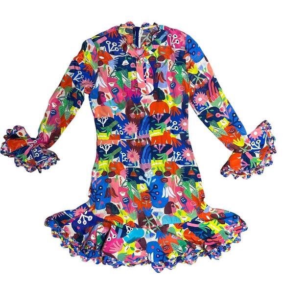 CeliaB Designer Faces & Florals Ruffled‎ Hem Multicolored Mini Dress Size XS - Picture 4 of 12